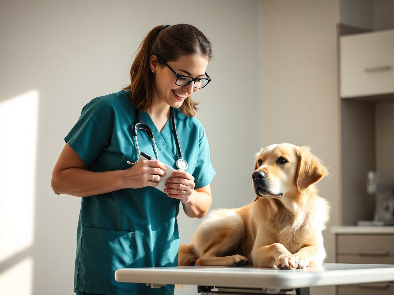 Veterinary technician examining a golden retriever in a clinic