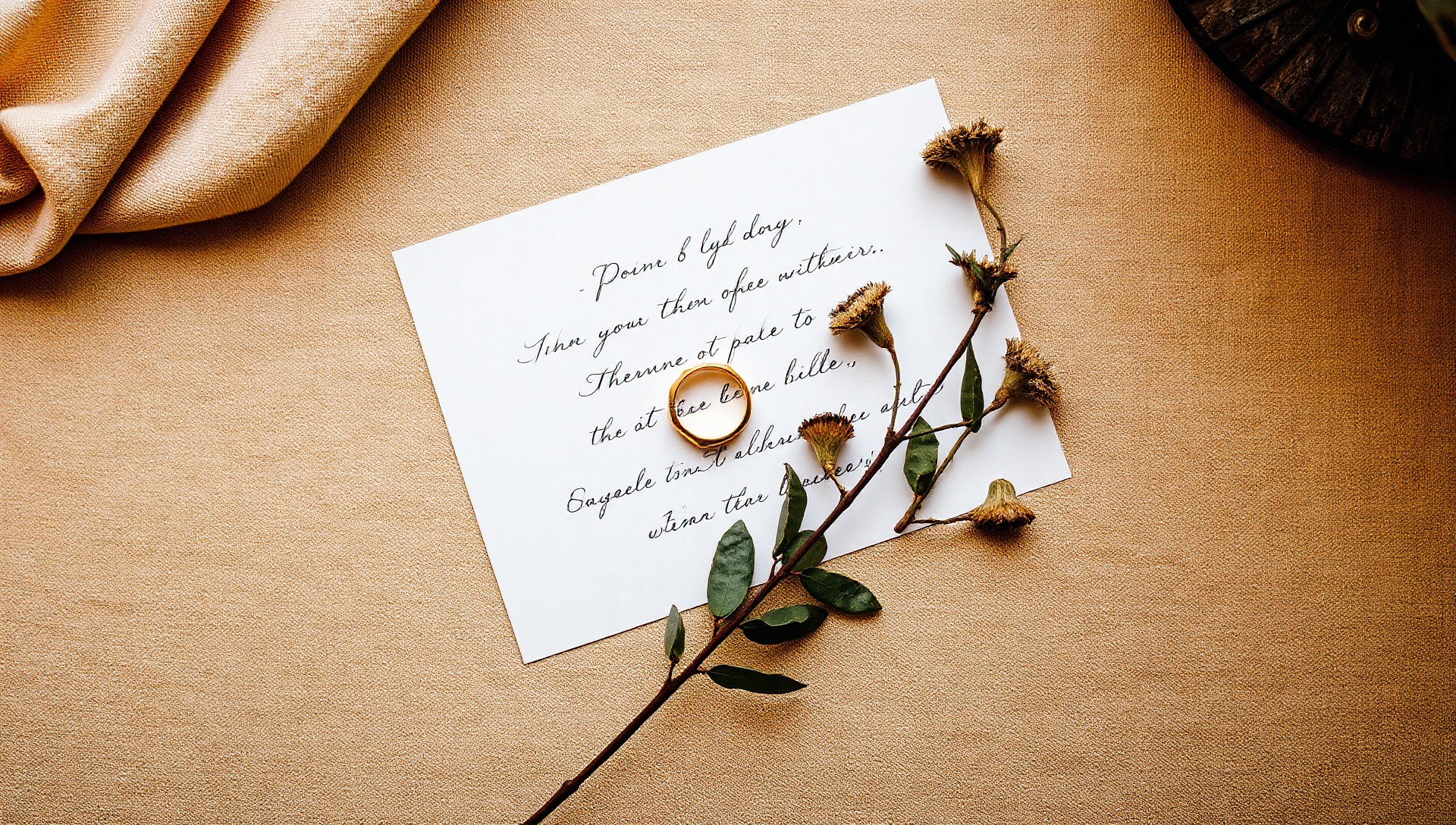 Wedding planning flat lay with rings and vows