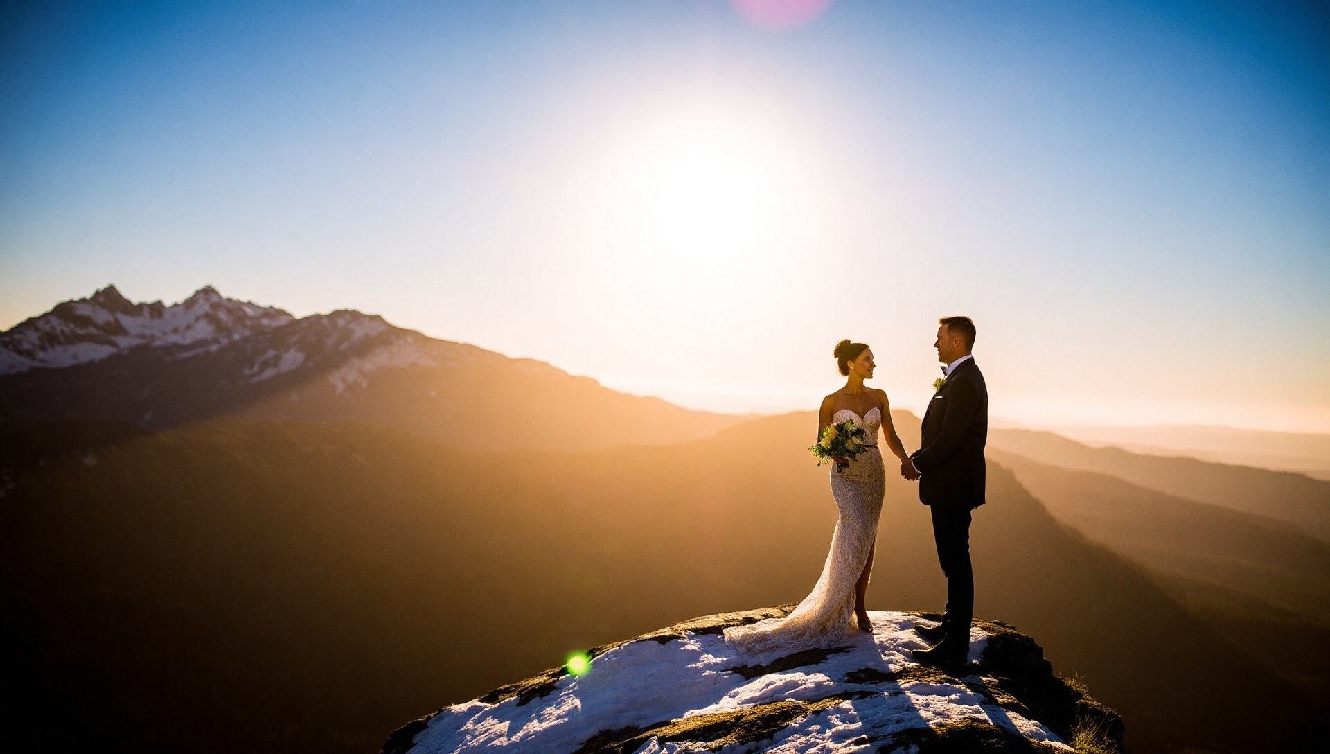 Couple eloping on a Colorado mountain ridge at golden hour